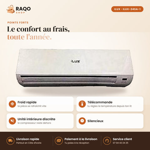 Climatiseur Split iLUX – 24.000 BTU – 3 CV – R410 - RAQO (points forts)