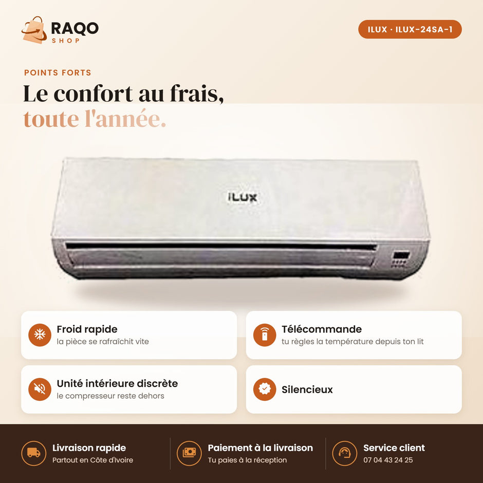 Climatiseur Split iLUX – 24.000 BTU – 3 CV – R410 - RAQO (points forts)