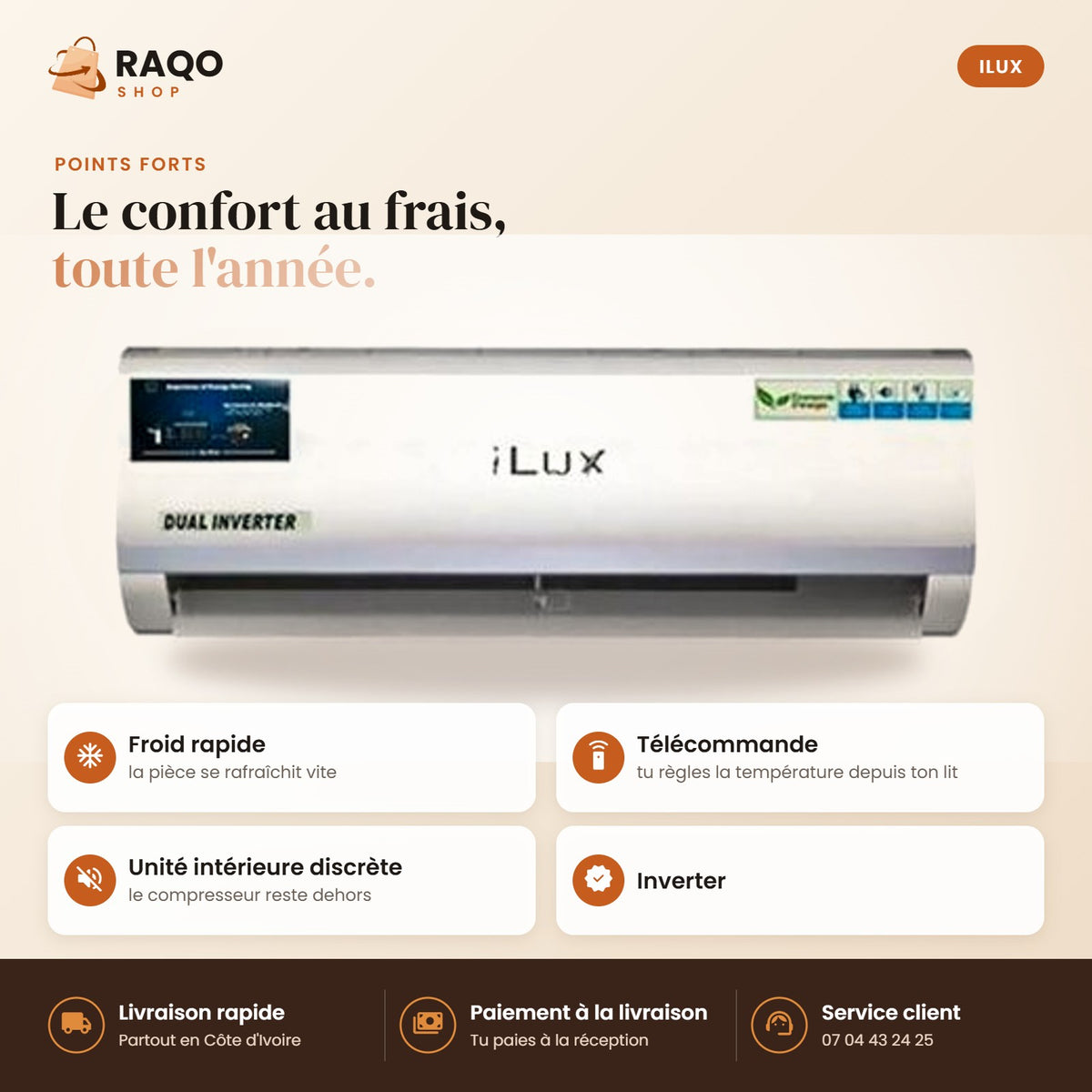 Climatiseur Split iLUX – 24.000 BTU – 3 CV – Inverter - RAQO (points forts)