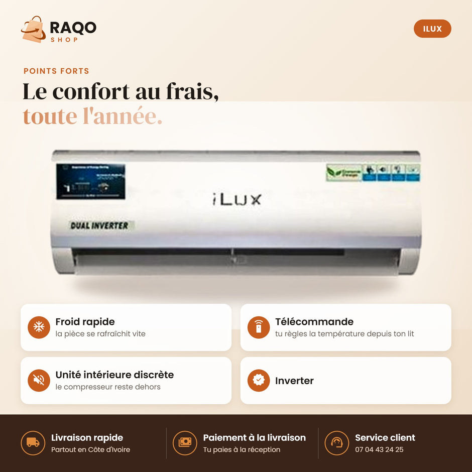 Climatiseur Split iLUX – 24.000 BTU – 3 CV – Inverter - RAQO (points forts)