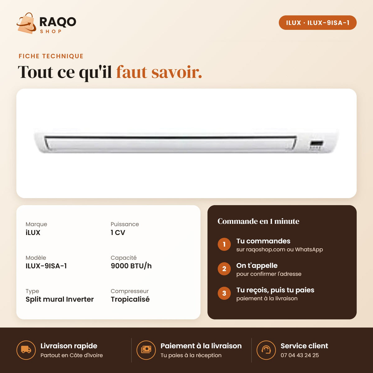 Climatiseur Split iLUX – 9.000 BTU – 1 CV – Inverter - RAQO (fiche technique)