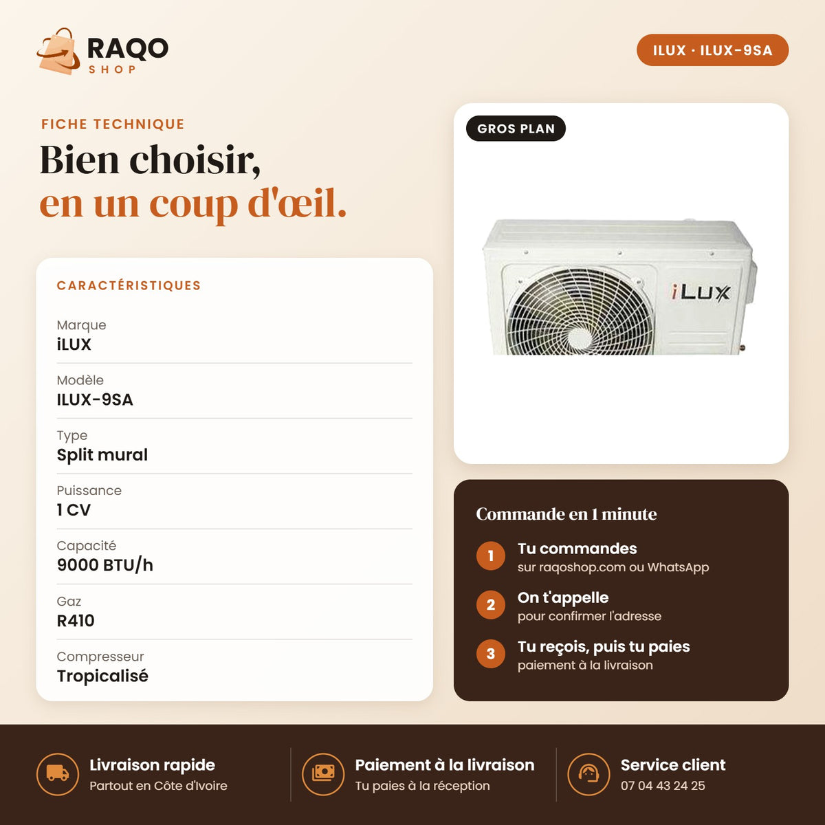 Climatiseur Split iLUX – 9.000 BTU – 1 CV – R410 - RAQO (fiche technique)
