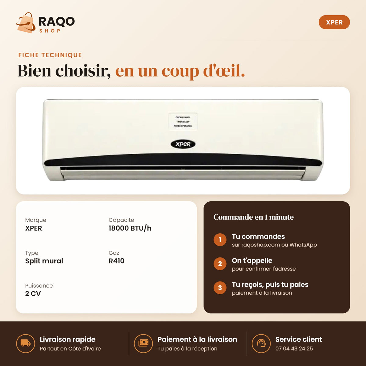 Climatiseur Split XPER – 18.000 BTU – 2 CV – R410 - RAQO (fiche technique)