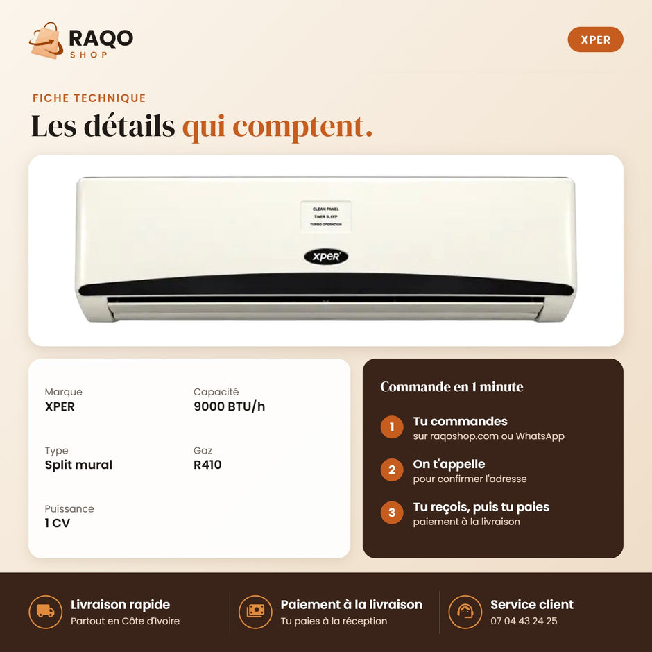 Climatiseur Split XPER – 9.000 BTU – 1 CV – R410 - RAQO (fiche technique)