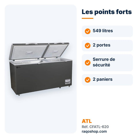 Congélateur coffre ATL 549L 2 portes avec serrure – CFATL-620 - RAQO