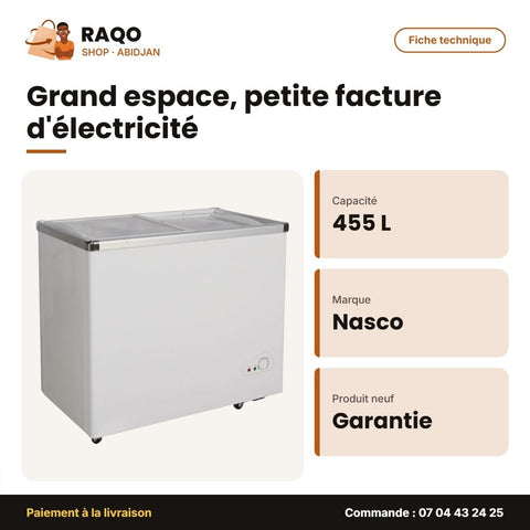 Congélateur Horizontal Nasco – 455L – Vitré – 2 Portes Couliss. | NAS-FS455FL - RAQO