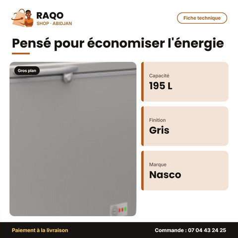 Congélateur Horizontal Nasco – Gris Fonce – 195L – Porte Vitrée Int. | SNAS-300 - RAQO