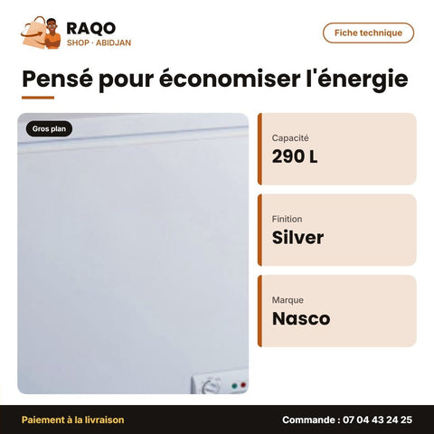 Congélateur Horizontal Nasco Silver 290L – 1 Porte – 1 Panier à L'interieur – Clé | KNAS-400 - RAQO