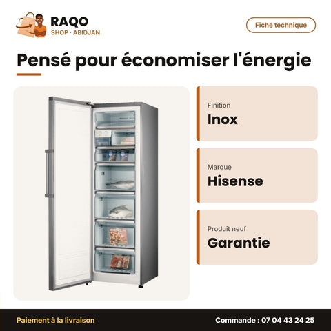 Congélateur Vertical Hisense – 5 TIROIRS+2 Etageres – Stainless Steel Look | RS-34WC4SA - RAQO