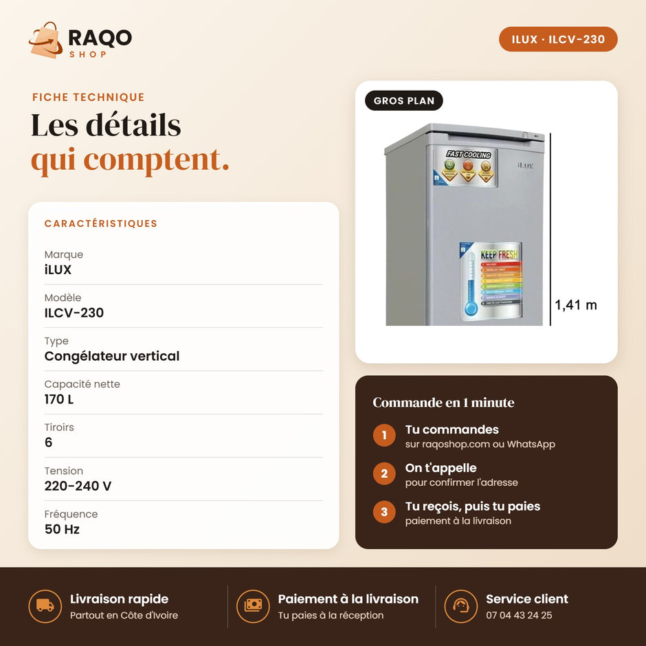 Congélateur Vertical iLUX – 170 L – 6 Tiroirs - RAQO (fiche technique)