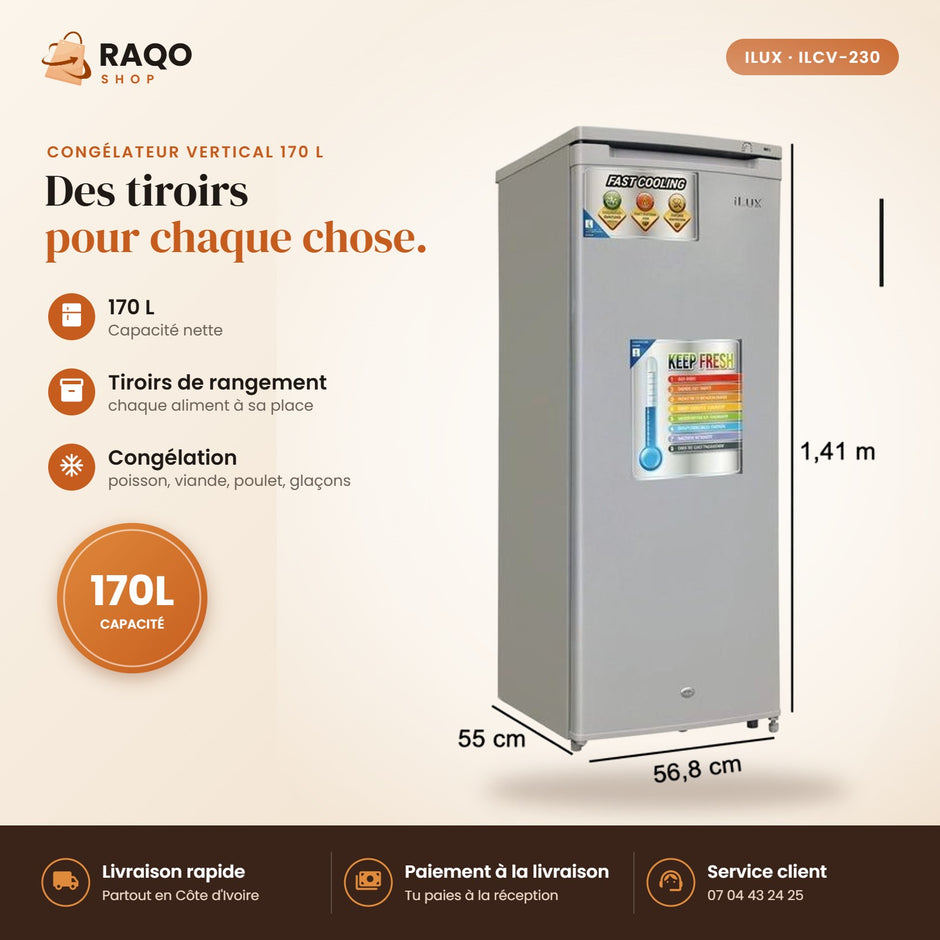 Congélateur Vertical iLUX – 170 L – 6 Tiroirs - RAQO