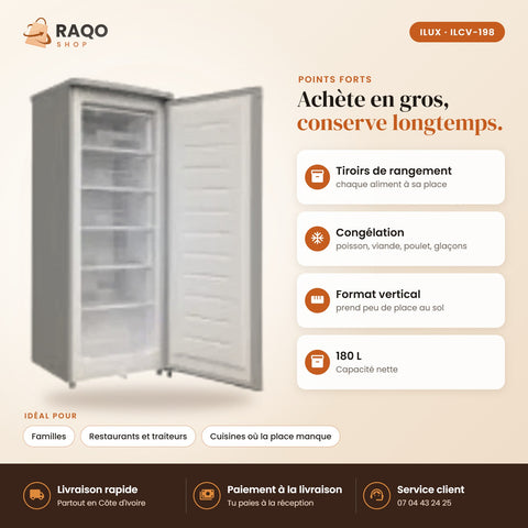 Congélateur Vertical iLUX – 180 L – 6 Tiroirs - RAQO (points forts)