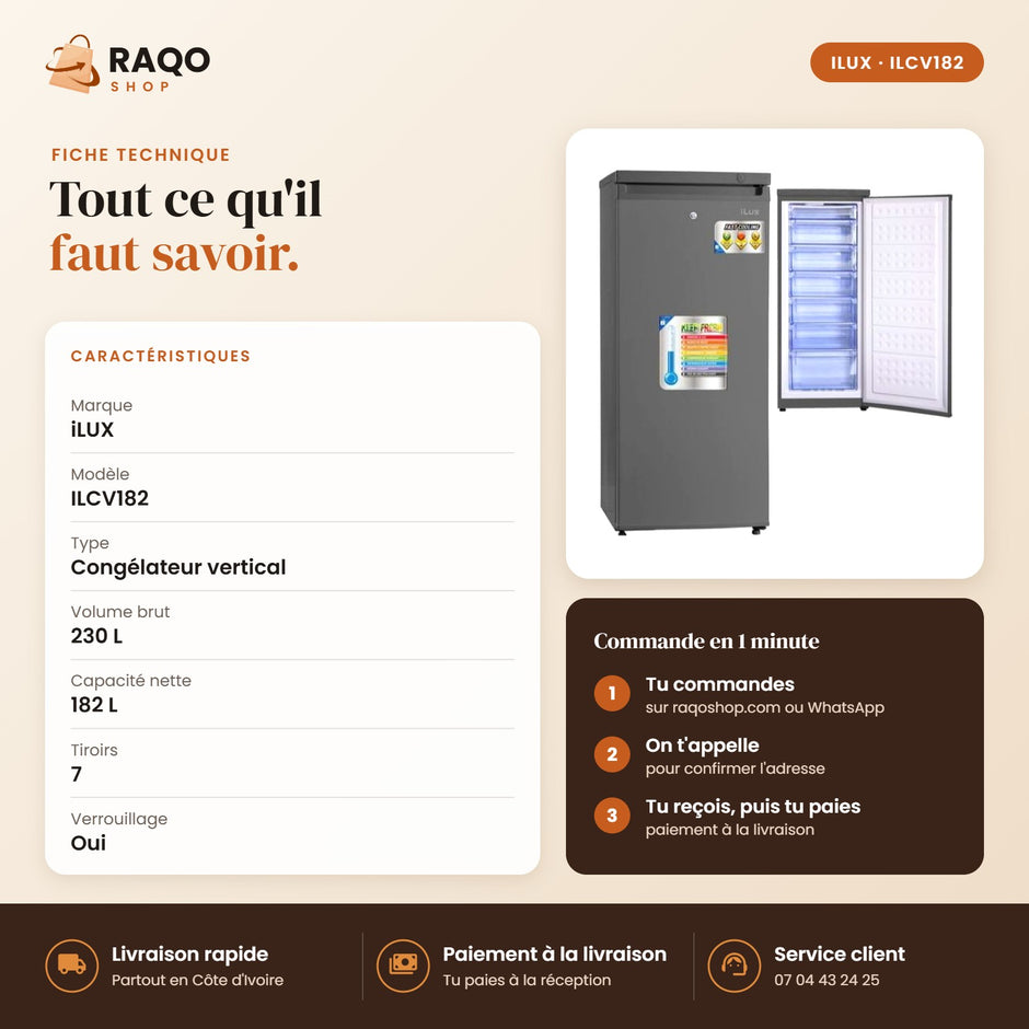 Congélateur Vertical iLUX – 182 L – 7 Tiroirs - RAQO (fiche technique)