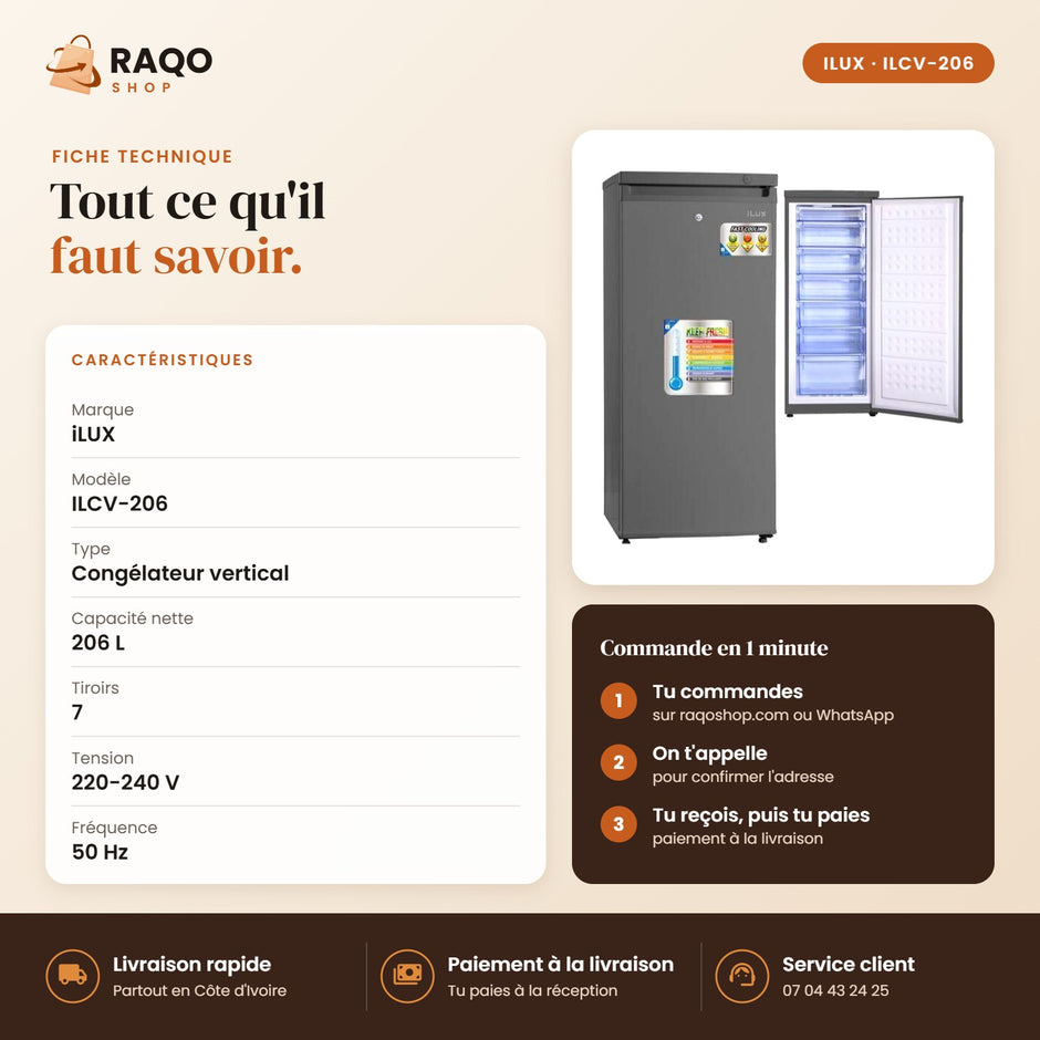 Congélateur Vertical iLUX – 206 L – 7 Tiroirs - RAQO (fiche technique)