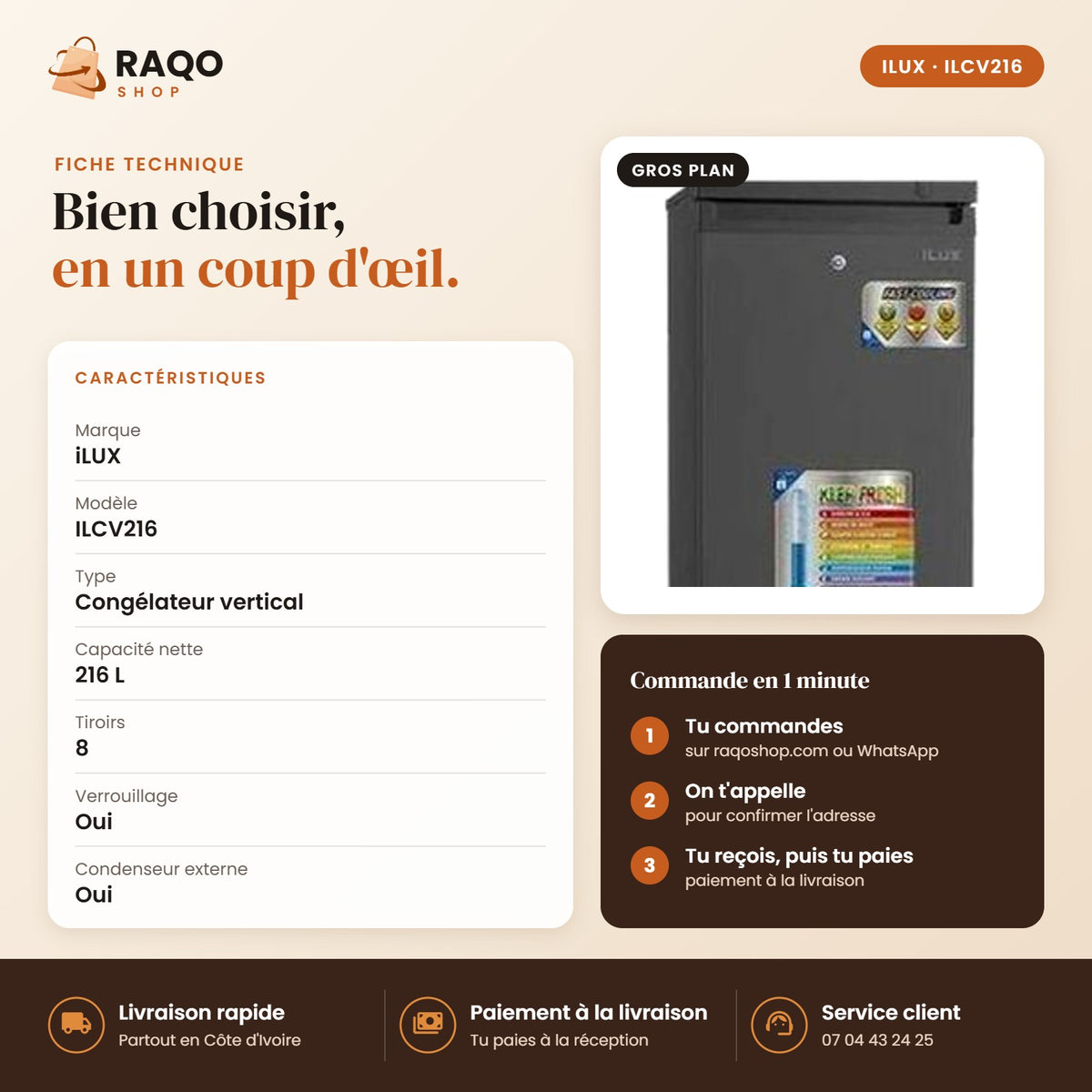 Congélateur Vertical iLUX – 216 L – 8 Tiroirs - RAQO (fiche technique)