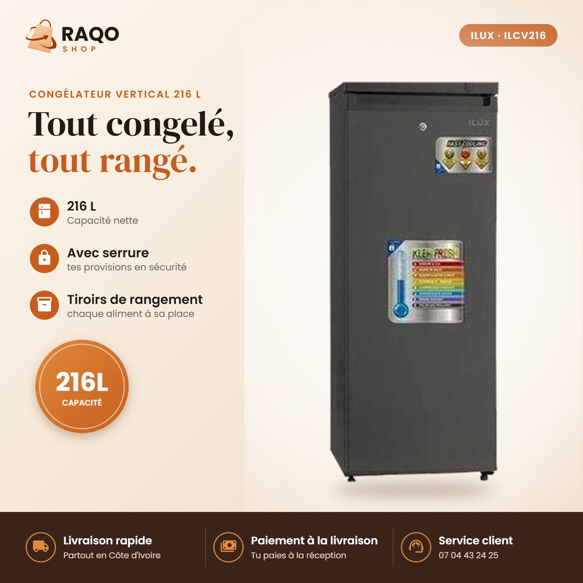 Congélateur Vertical iLUX – 216 L – 8 Tiroirs - RAQO