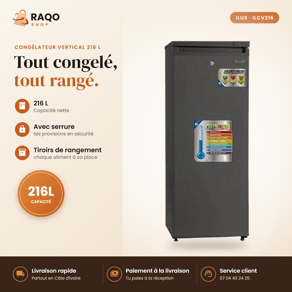 Congélateur Vertical iLUX – 216 L – 8 Tiroirs - RAQO