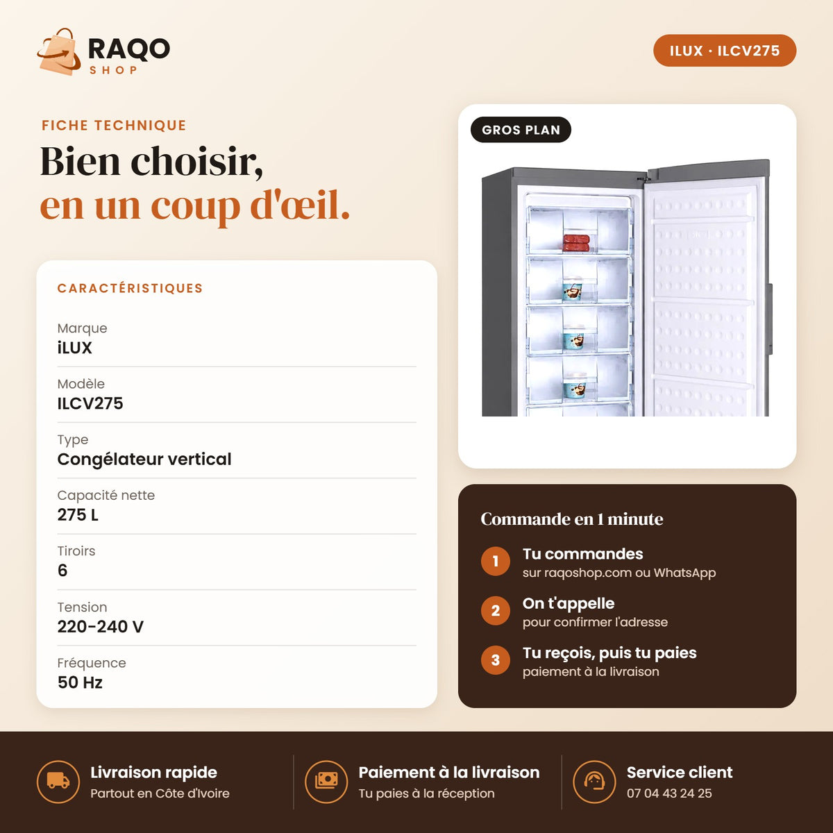 Congélateur Vertical iLUX – 275 L – 6 Tiroirs - RAQO (fiche technique)