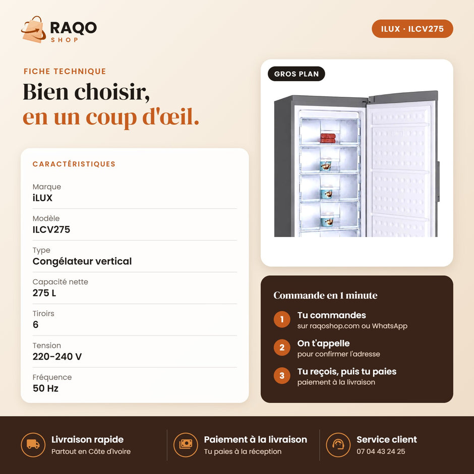 Congélateur Vertical iLUX – 275 L – 6 Tiroirs - RAQO (fiche technique)