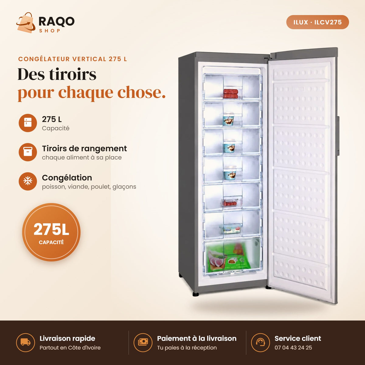 Congélateur Vertical iLUX – 275 L – 6 Tiroirs - RAQO