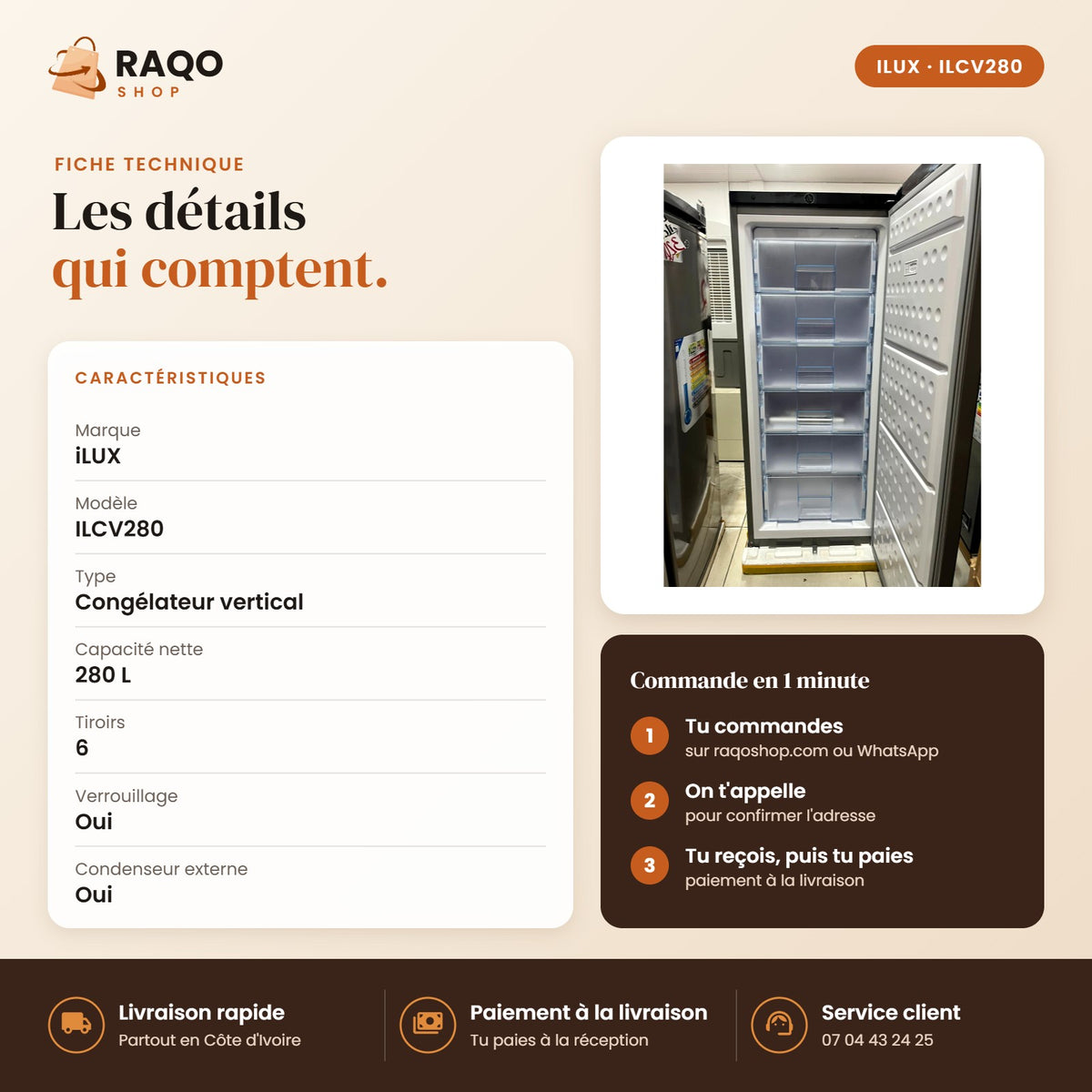 Congélateur Vertical iLUX – 280 L – 6 Tiroirs - RAQO (fiche technique)