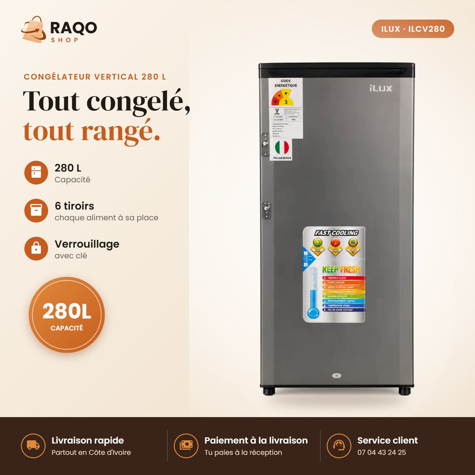 Congélateur Vertical iLUX – 280 L – 6 Tiroirs - RAQO