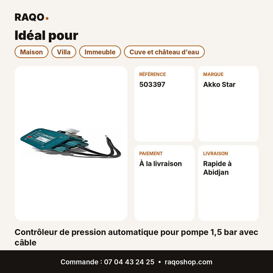 Contrôleur de pression automatique pour pompe 1,5 bar avec câble | Akko Star - RAQO