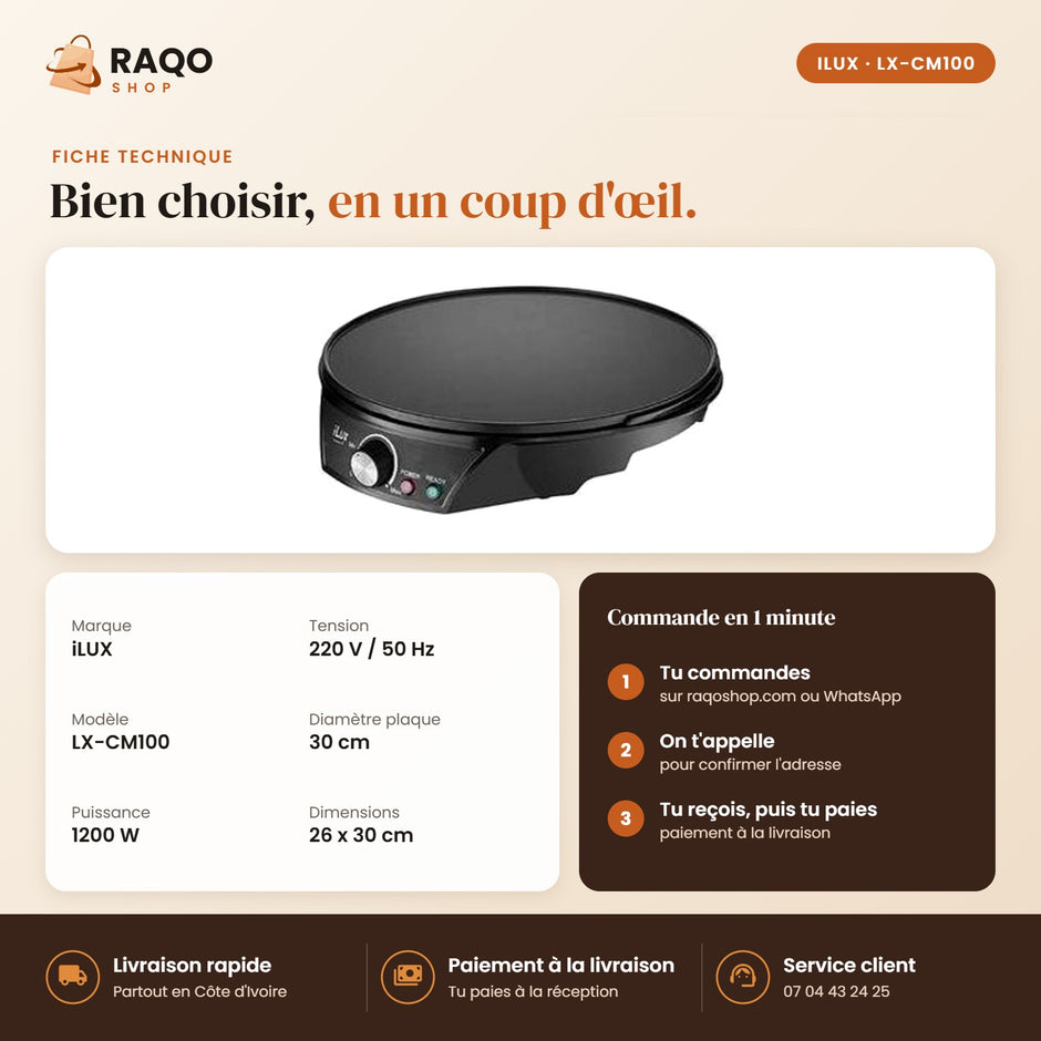 Crêpière Électrique iLUX – 1200 W - RAQO (fiche technique)