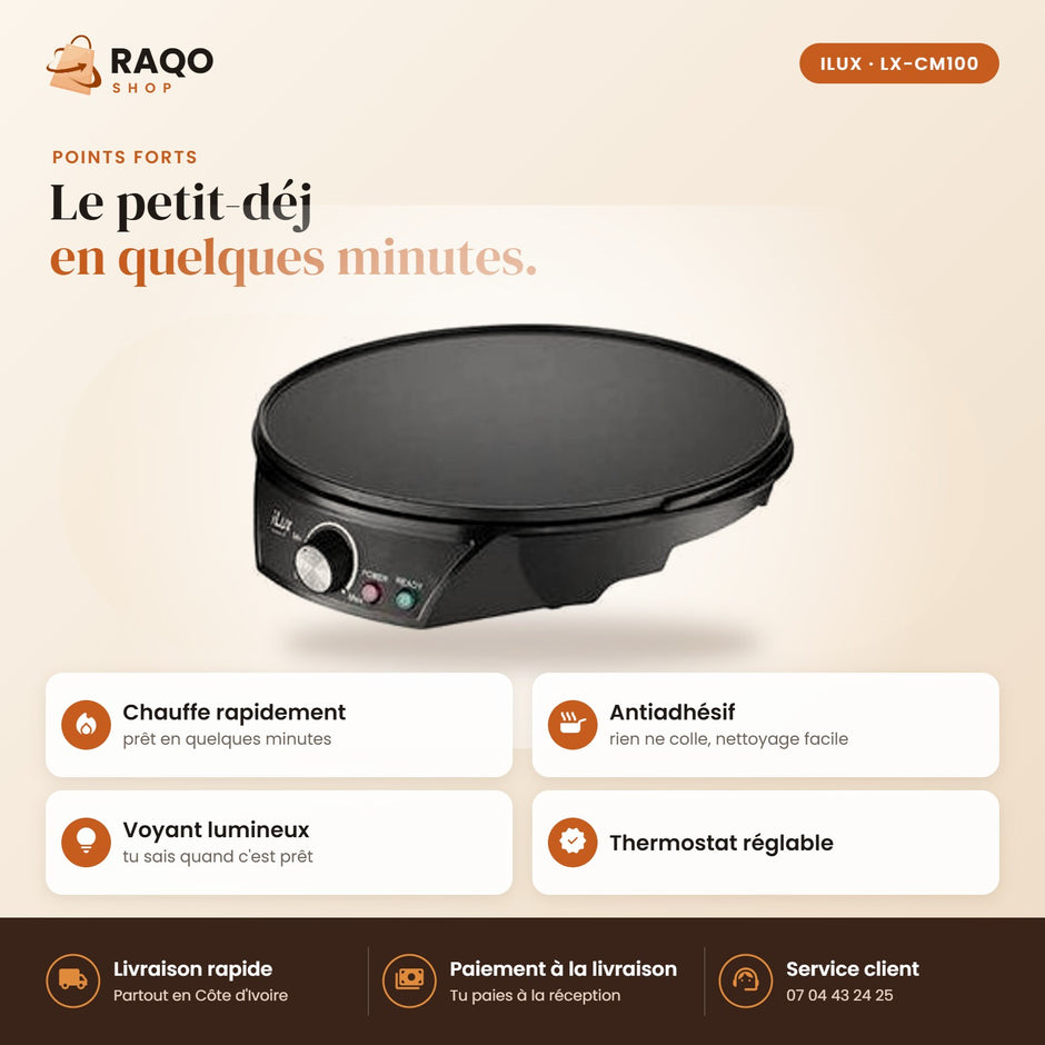 Crêpière Électrique iLUX – 1200 W - RAQO (points forts)
