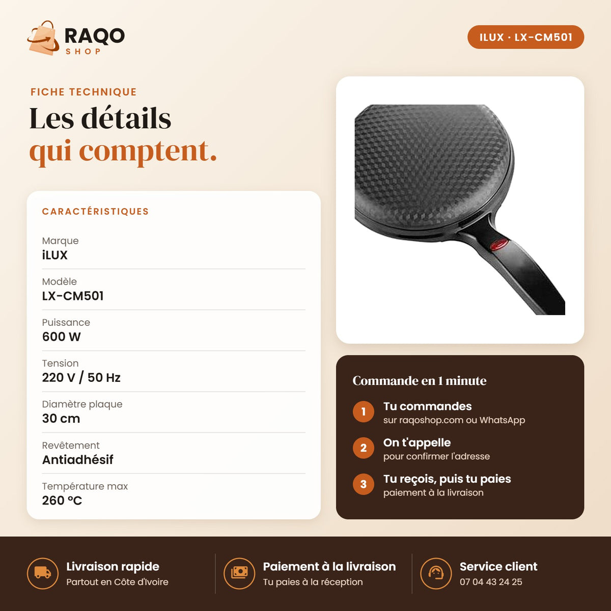 Crêpière Électrique iLUX – 600 W - RAQO (fiche technique)