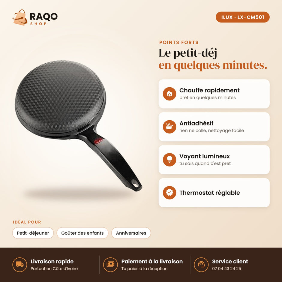Crêpière Électrique iLUX – 600 W - RAQO (points forts)