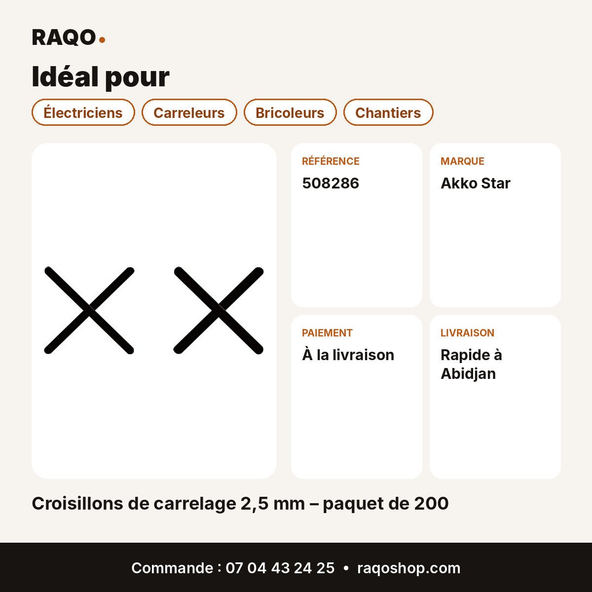 Croisillons de carrelage 2,5 mm – paquet de 200 | Akko Star - RAQO
