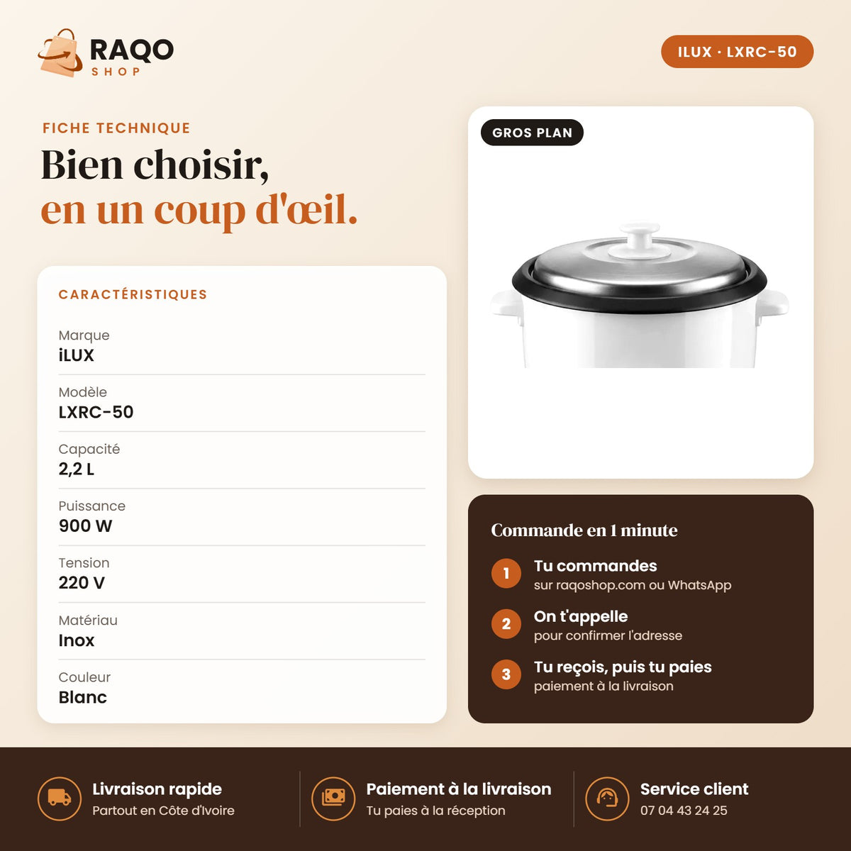 Cuiseur à Riz iLUX – 900 W – 2,2 L - RAQO (fiche technique)