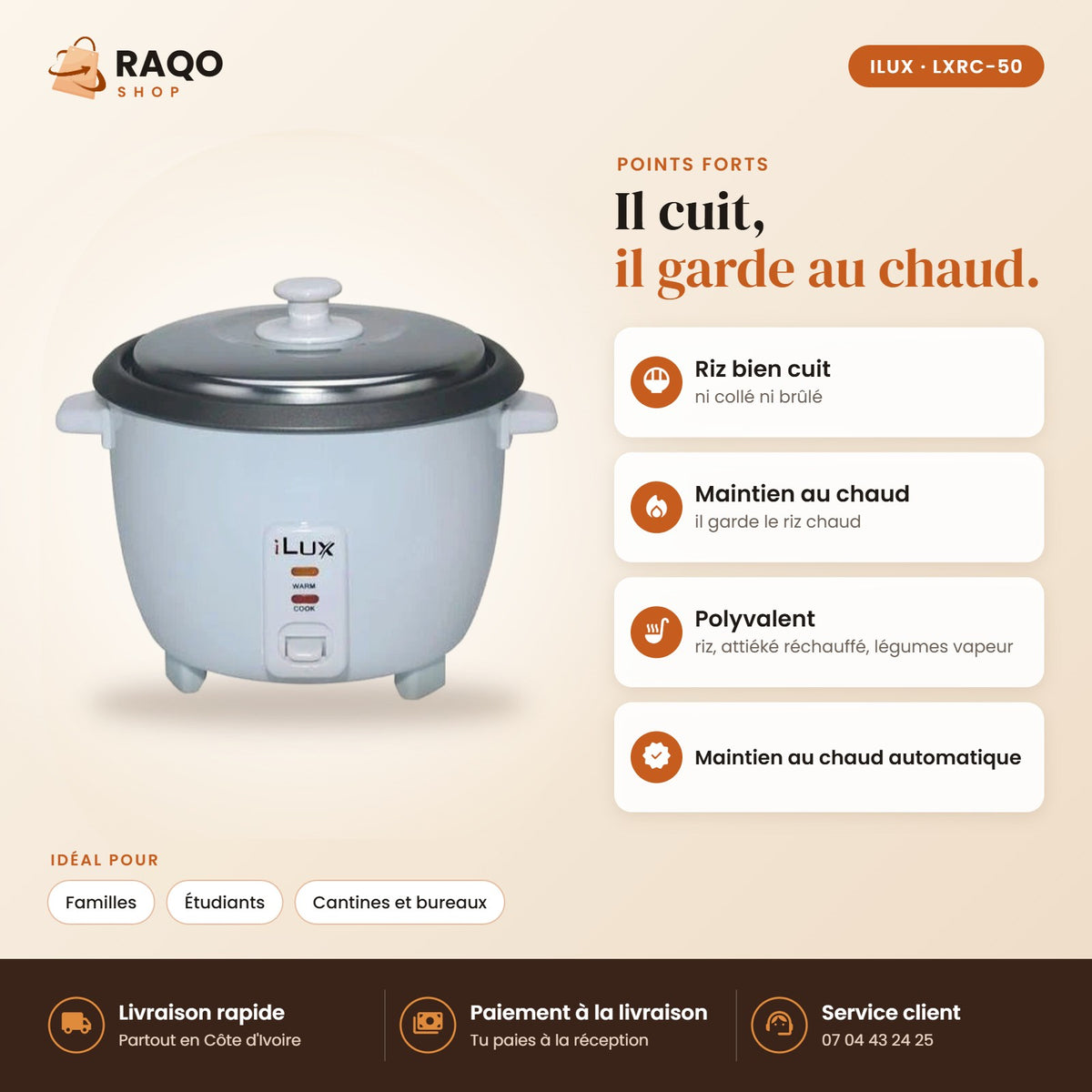Cuiseur à Riz iLUX – 900 W – 2,2 L - RAQO (points forts)