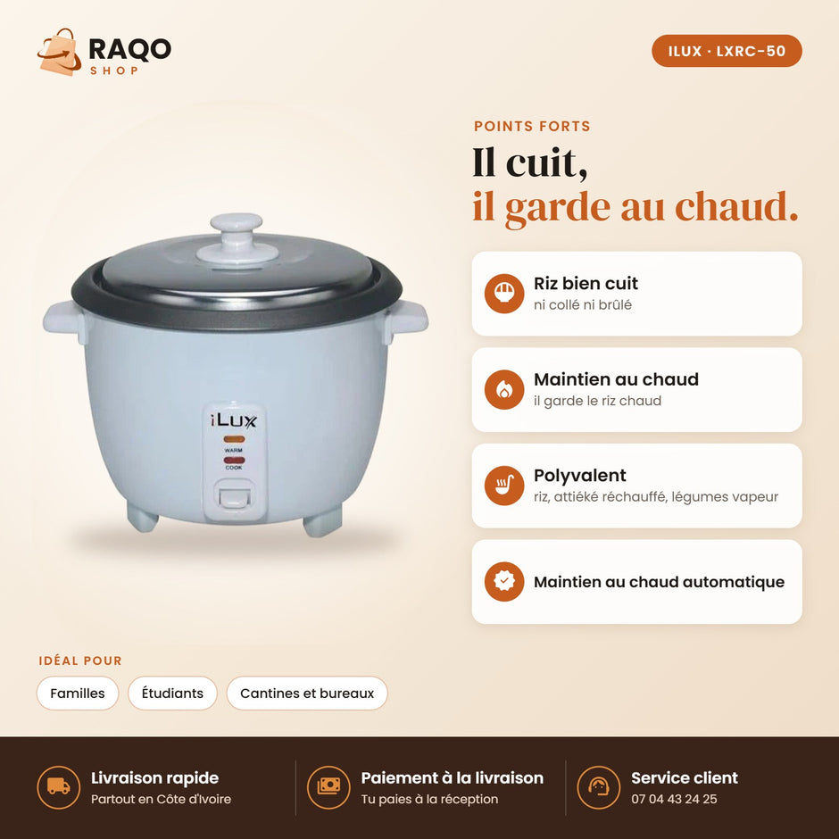 Cuiseur à Riz iLUX – 900 W – 2,2 L - RAQO (points forts)