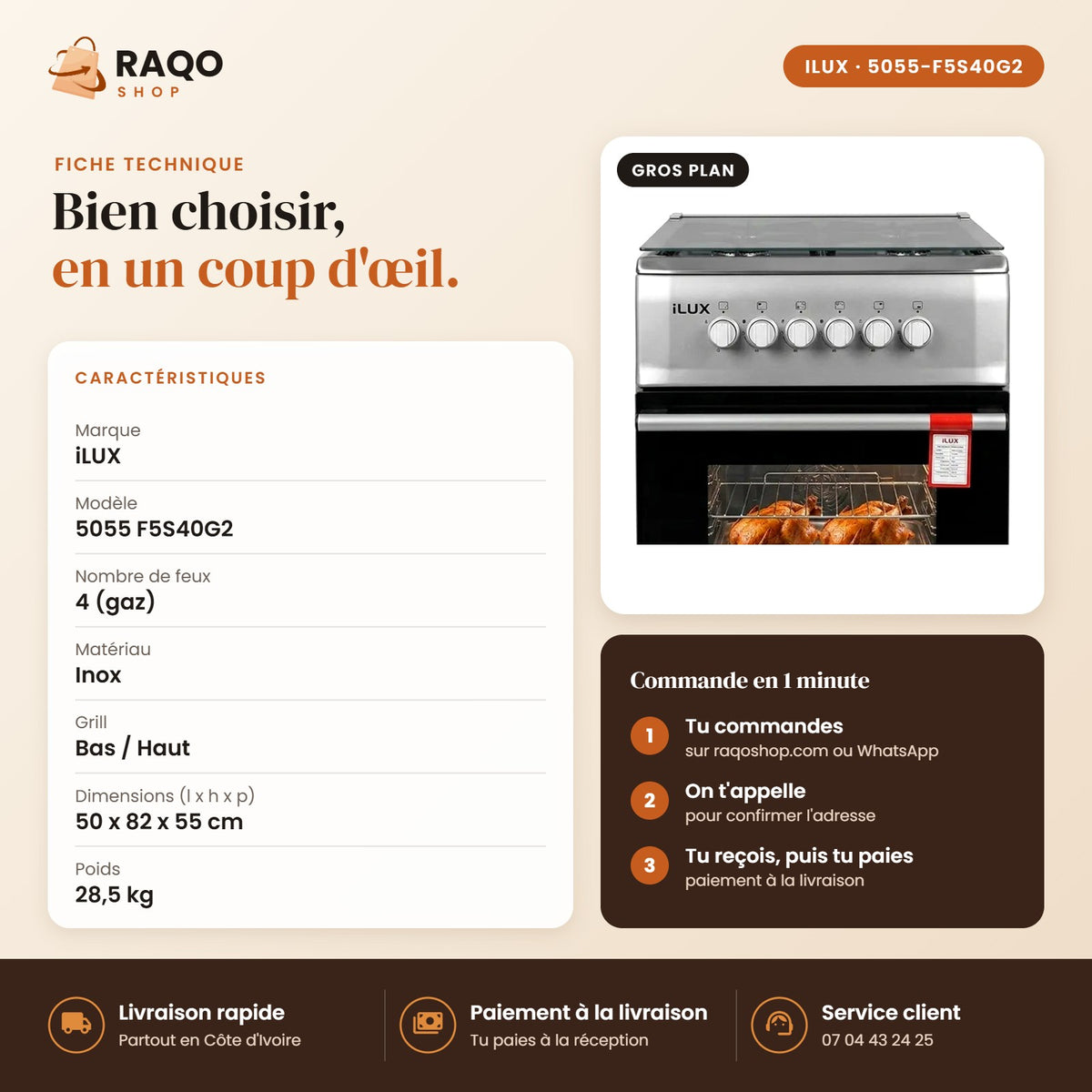 Cuisinière à Gaz iLUX – 4 Feux - RAQO (fiche technique)