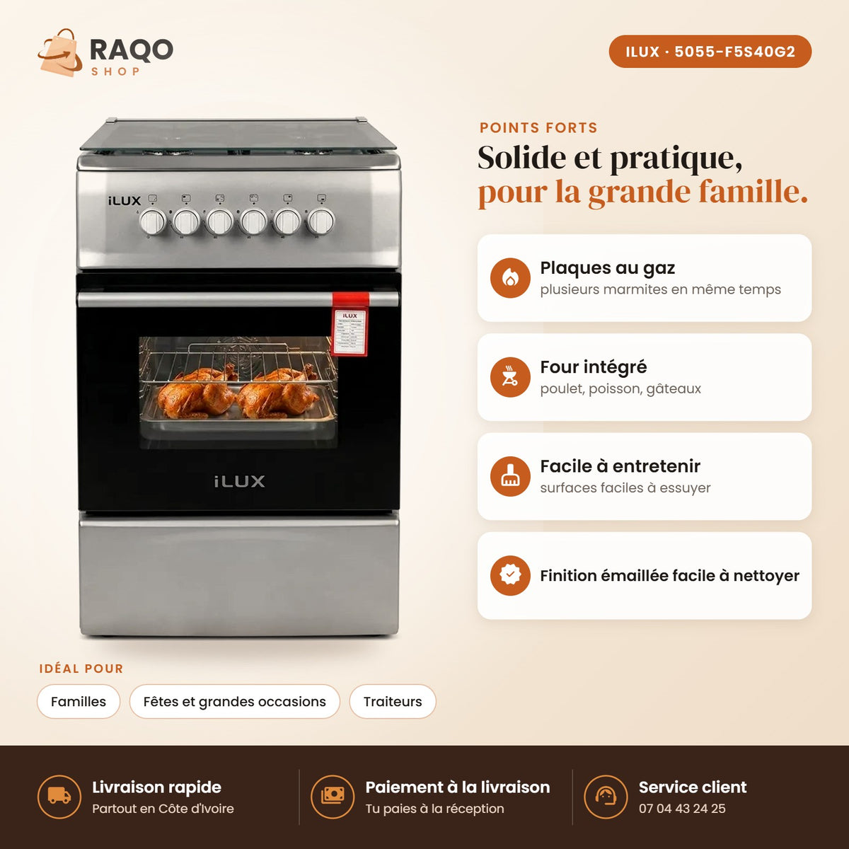 Cuisinière à Gaz iLUX – 4 Feux - RAQO (points forts)