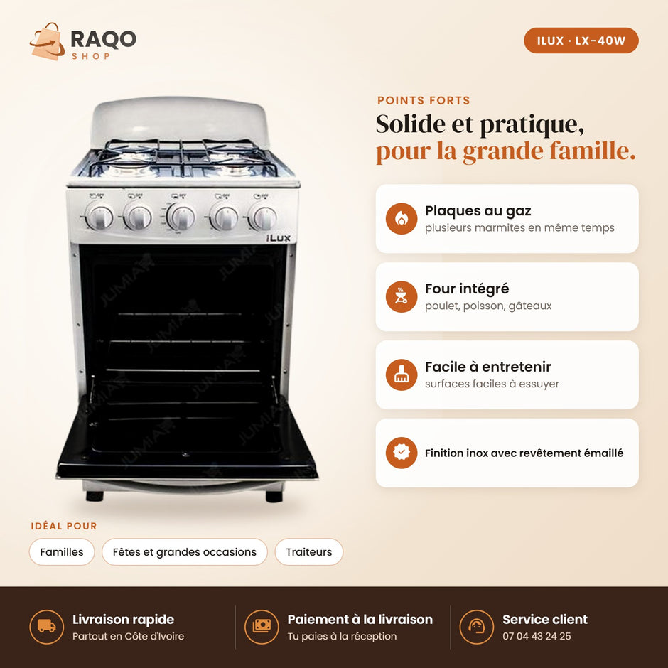 Cuisinière à Gaz iLUX – 4 Feux – Blanc - RAQO (points forts)