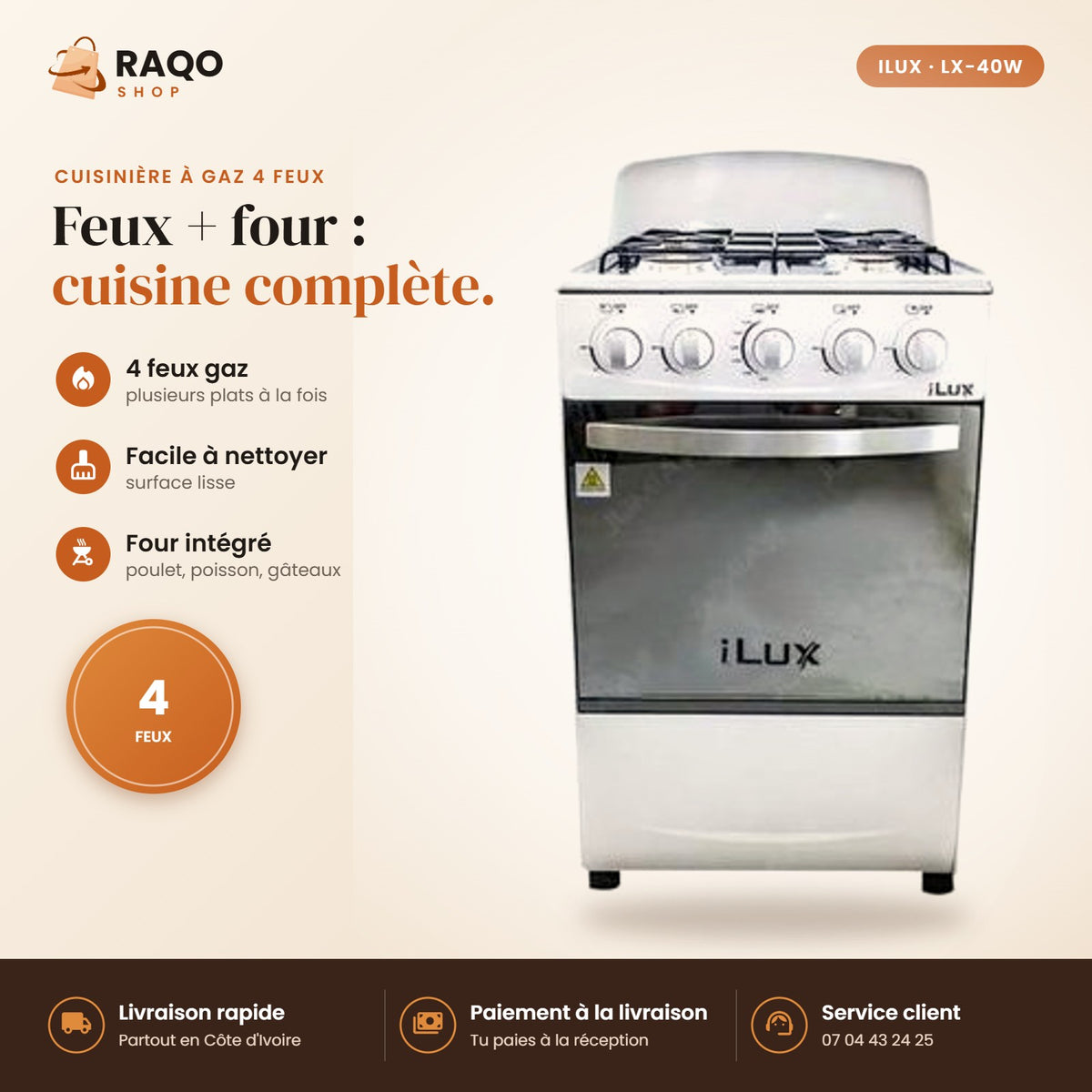Cuisinière à Gaz iLUX – 4 Feux – Blanc - RAQO