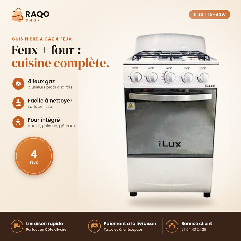 Cuisinière à Gaz iLUX – 4 Feux – Blanc - RAQO