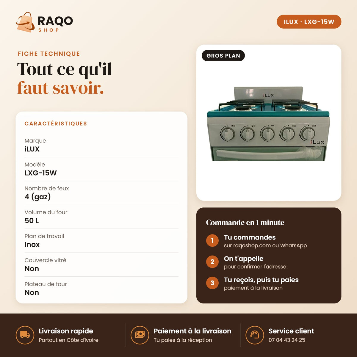 Cuisinière à Gaz iLUX – 4 Feux – Blanc - RAQO (fiche technique)
