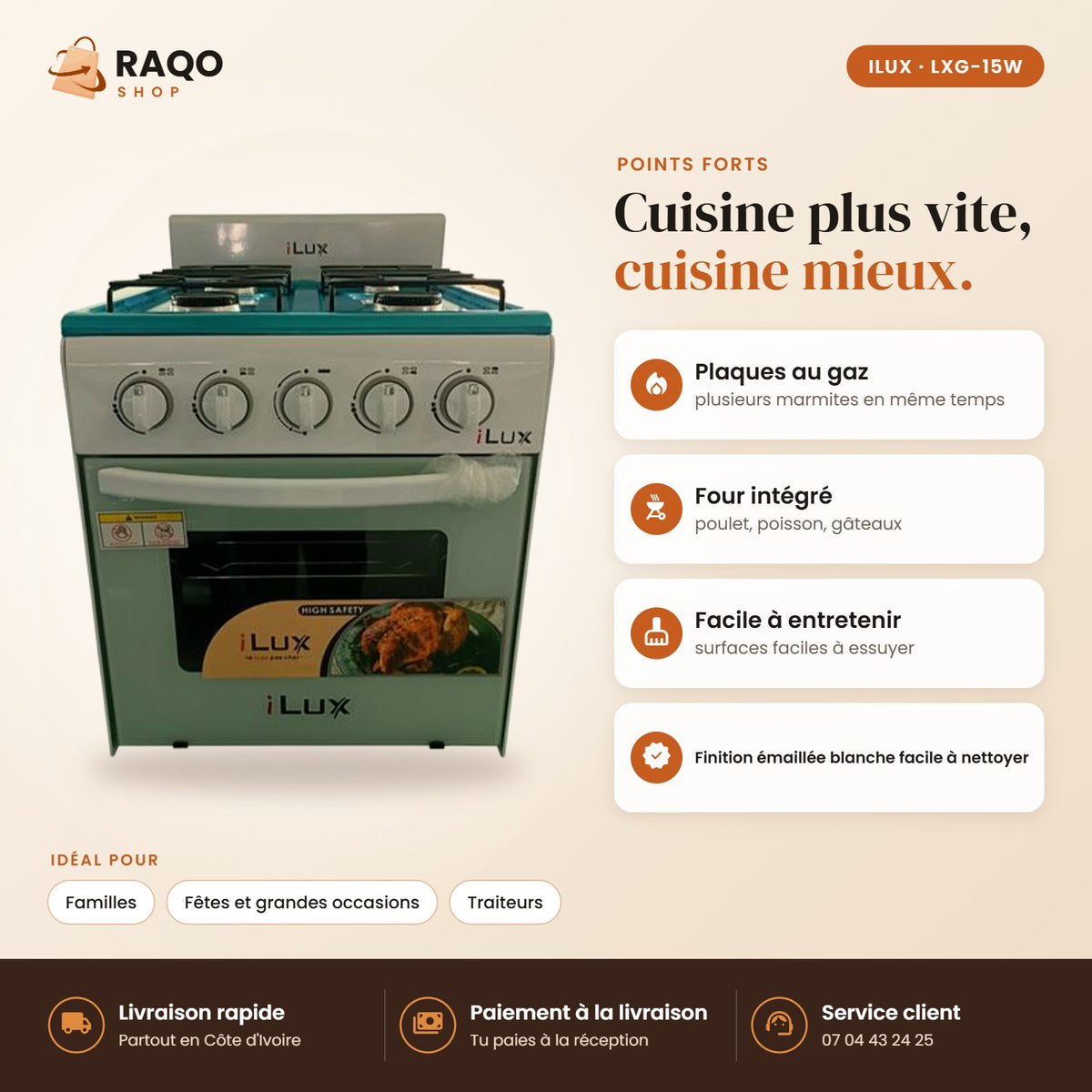 Cuisinière à Gaz iLUX – 4 Feux – Blanc - RAQO (points forts)