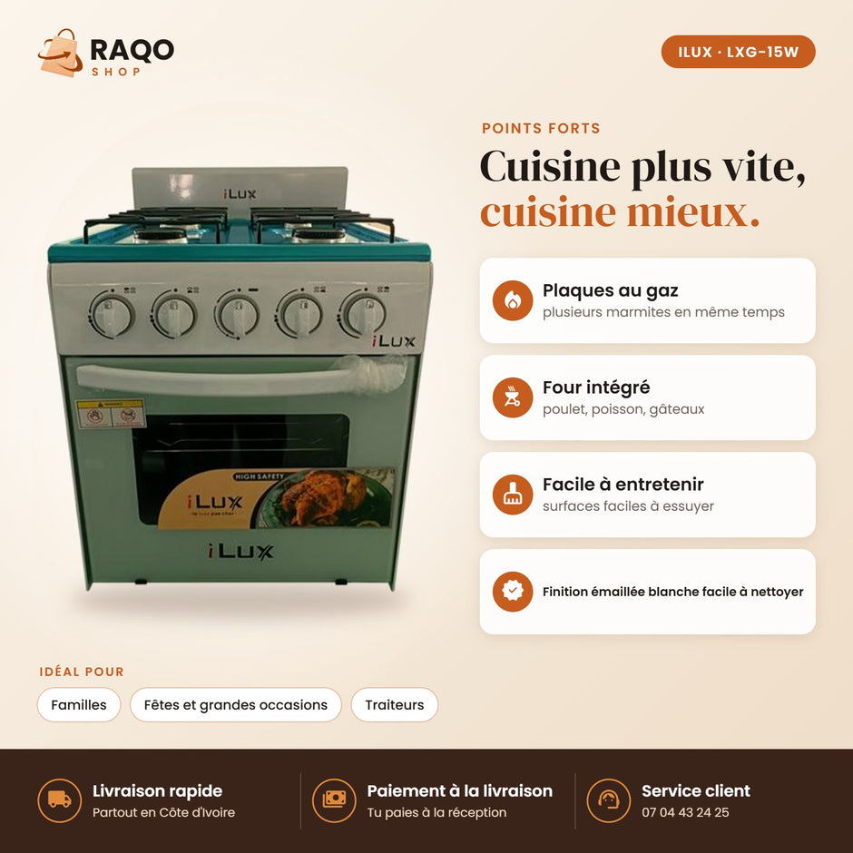 Cuisinière à Gaz iLUX – 4 Feux – Blanc - RAQO (points forts)
