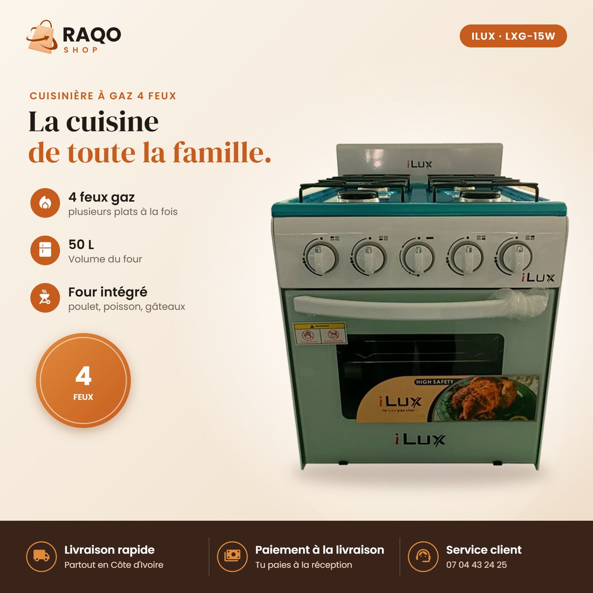 Cuisinière à Gaz iLUX – 4 Feux – Blanc - RAQO