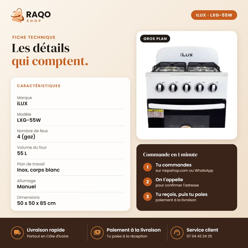 Cuisinière à Gaz iLUX – 4 Feux – Blanc - RAQO (fiche technique)