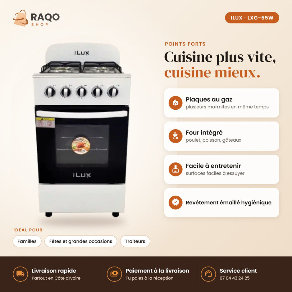 Cuisinière à Gaz iLUX – 4 Feux – Blanc - RAQO (points forts)