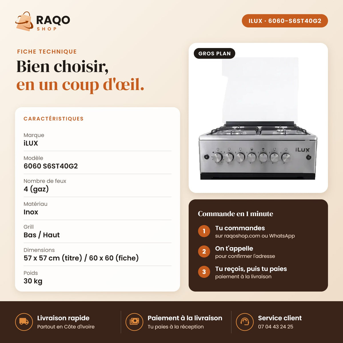 Cuisinière à Gaz iLUX – 4 Feux – Inox - RAQO (fiche technique)