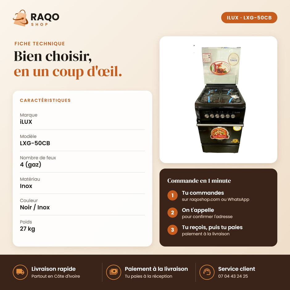 Cuisinière à Gaz iLUX – 4 Feux – Inox – Noir - RAQO (fiche technique)