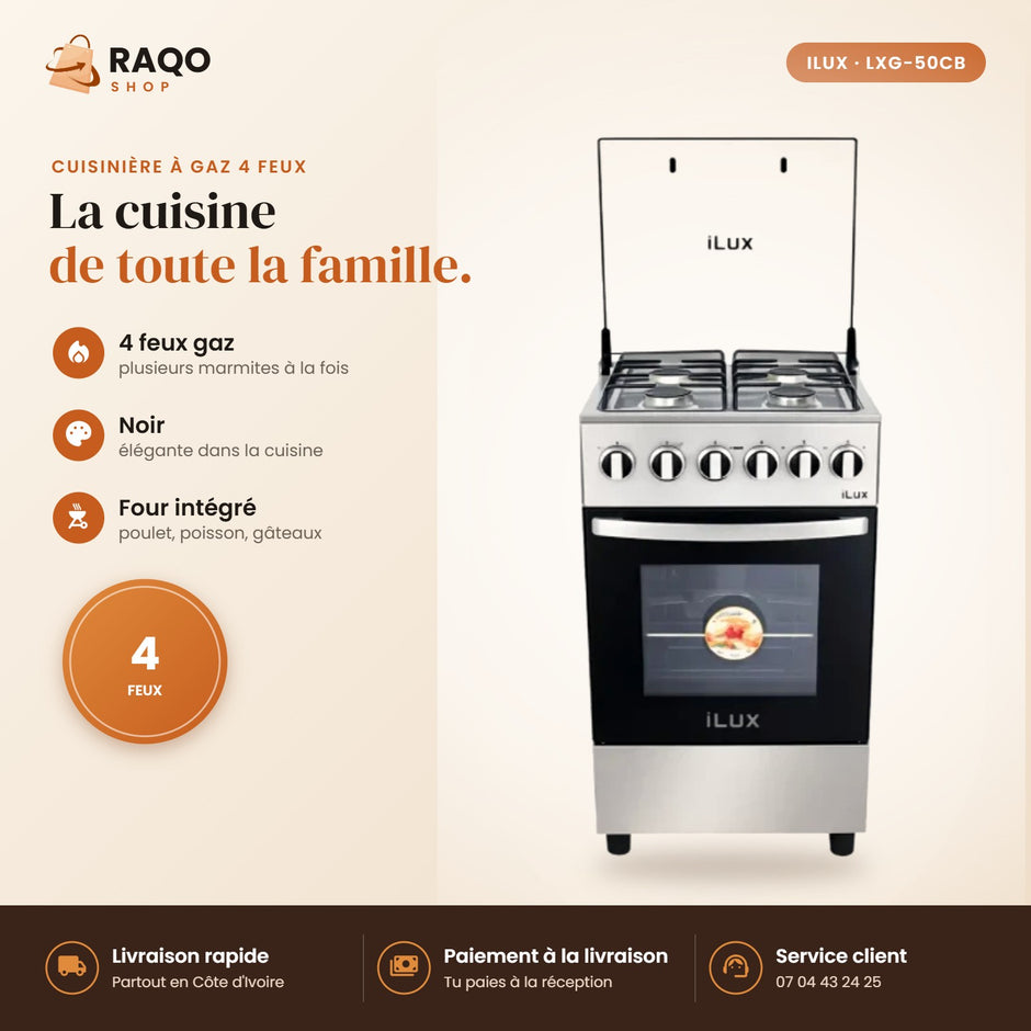 Cuisinière à Gaz iLUX – 4 Feux – Inox – Noir - RAQO