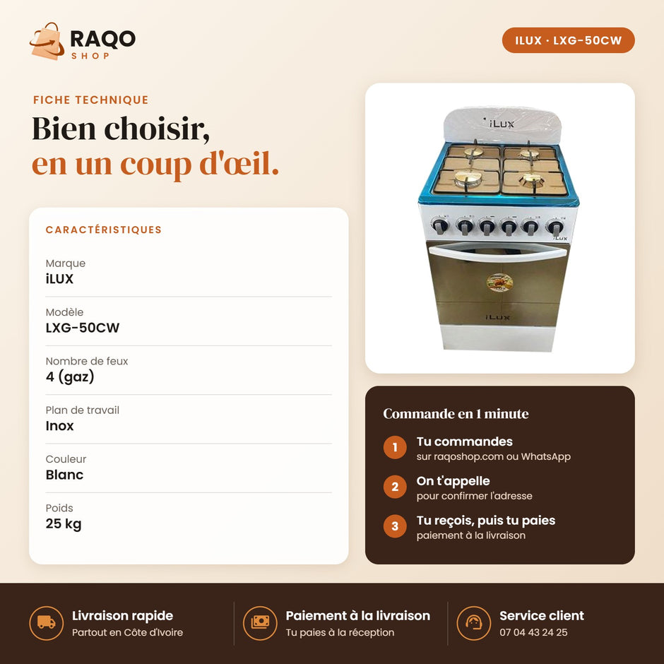 Cuisinière à Gaz iLUX – 4 Feux – Inox – Blanc - RAQO (fiche technique)